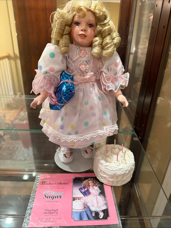 Paradise Galleries Other - Vintage sweet little sugar porcelain Doll in Pink Polka Dot Dress